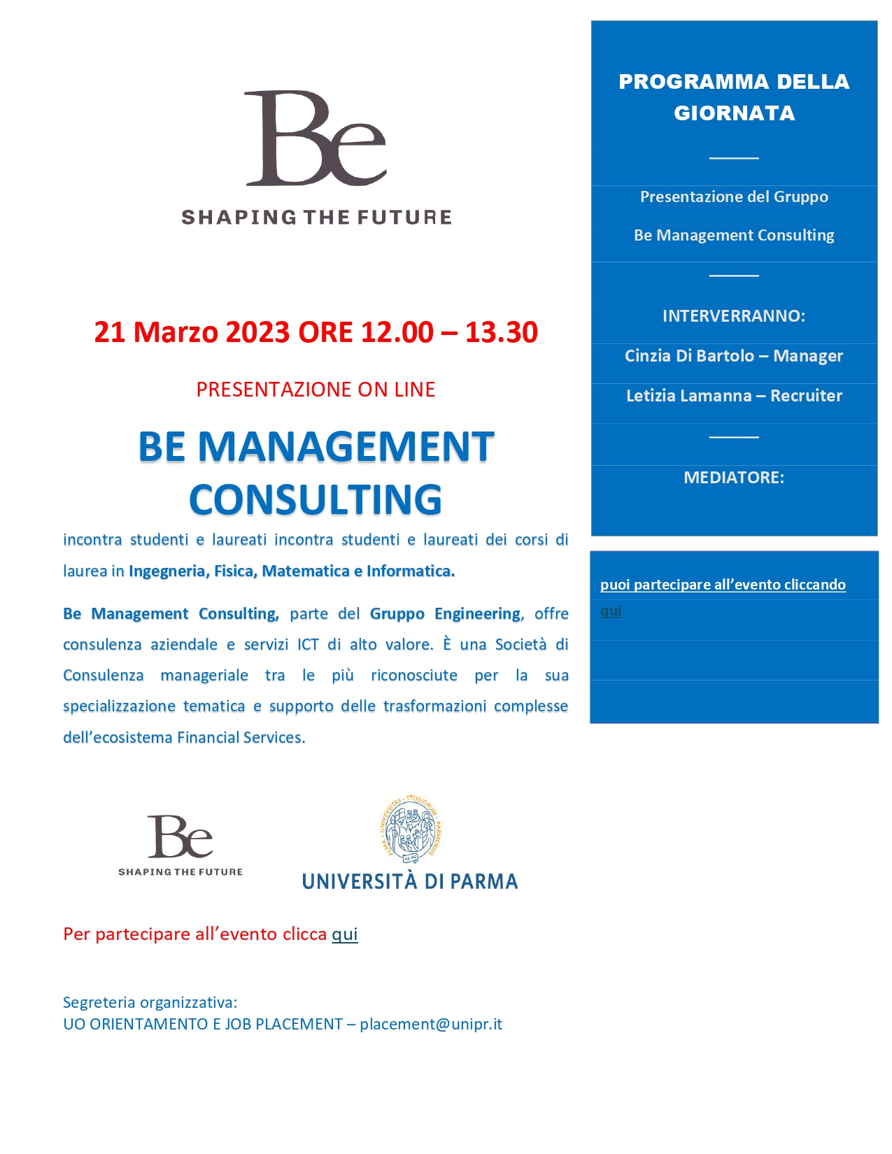 Calendario eventi placement Università degli studi di Parma